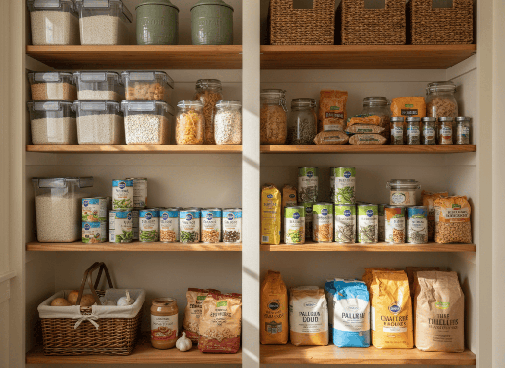 Affordable pantry staples arranged on shelves for a ten-dollar-a-week pantry challenge