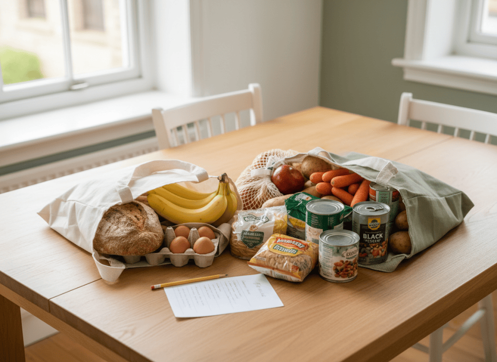 Affordable groceries arranged on a kitchen table for a family grocery budget
