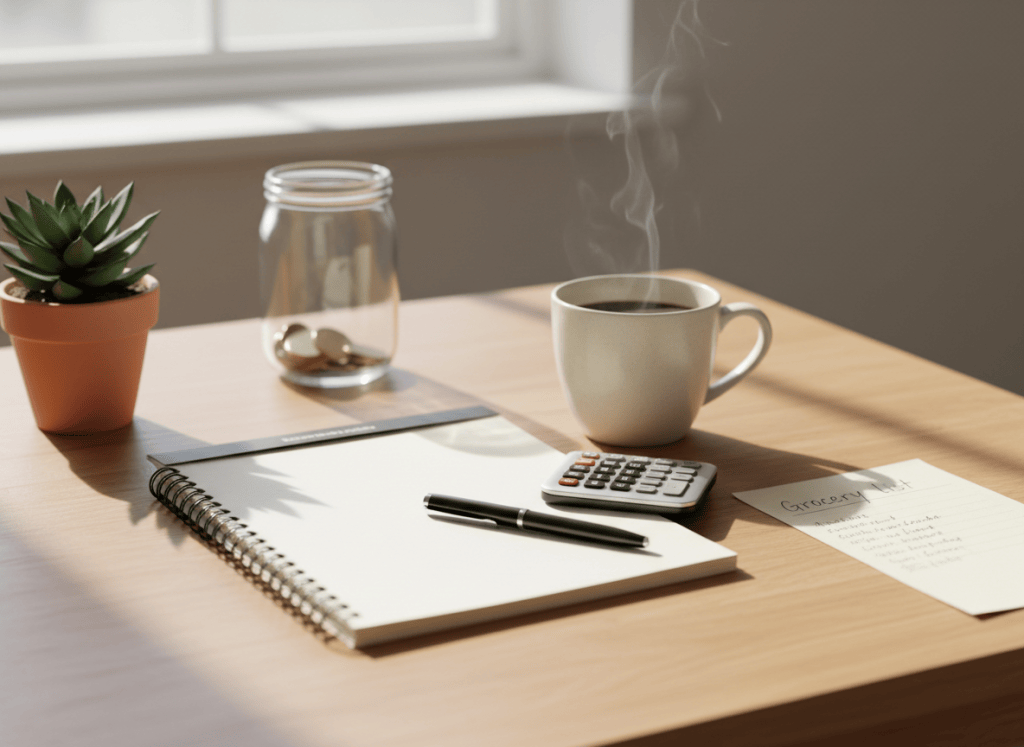 Warm kitchen table with notebook, calculator, coffee and savings jar representing everyday money planning